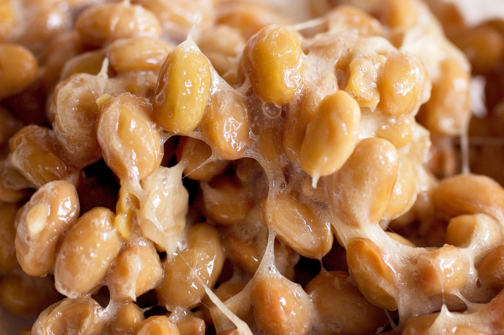 Close-up of fermented soybeans with a glossy texture japanese antto